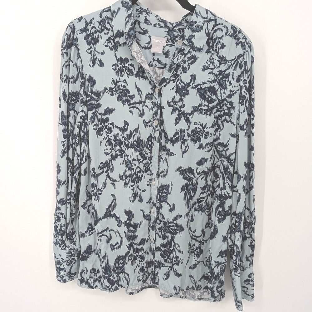 Chicos Button Down Women Medium Blue Floral Modal Long Sleeve Blouse Casual